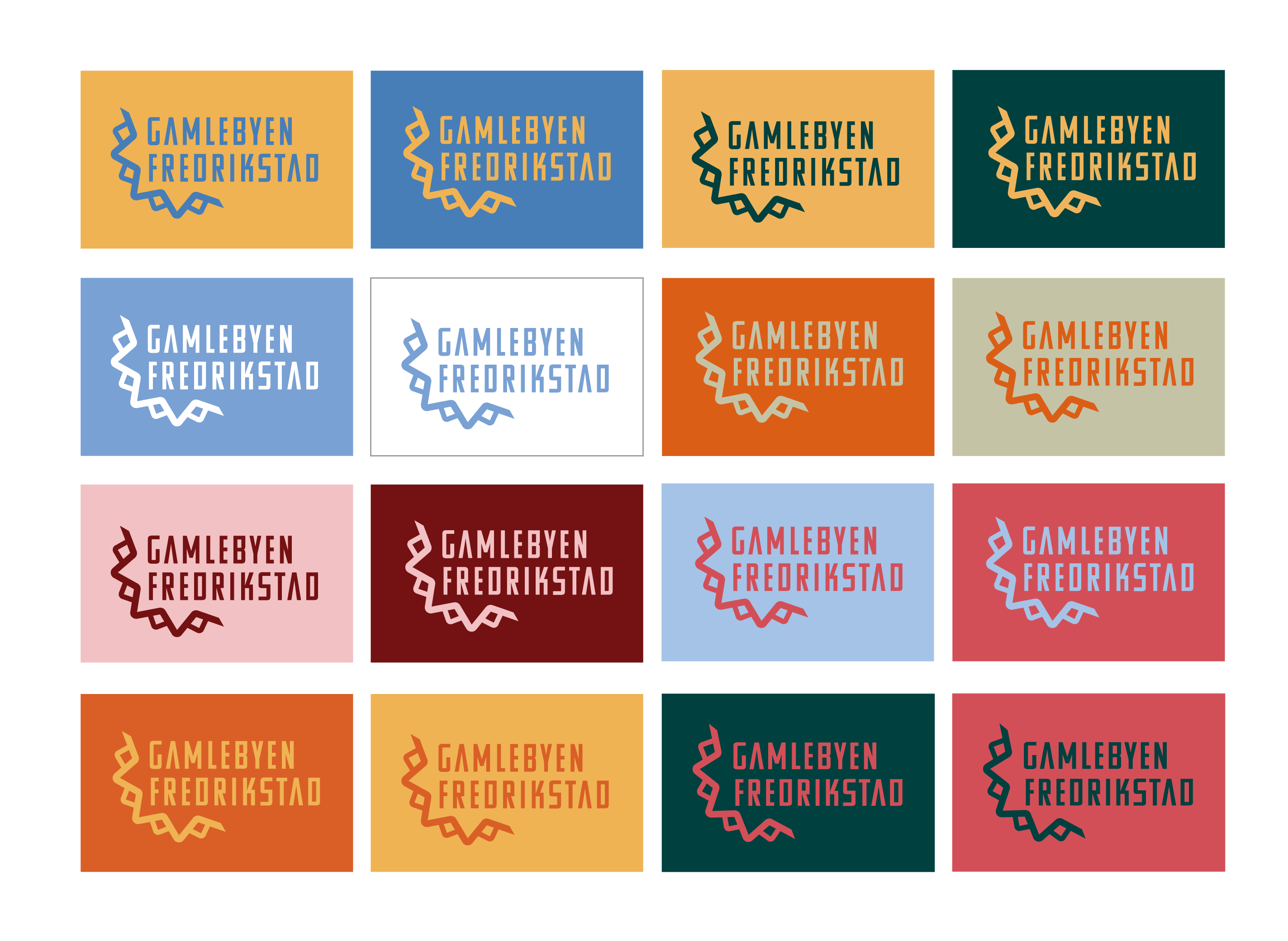 Gamlebyen Fredrikstad-logo i forskjellige fargekombinasjoner