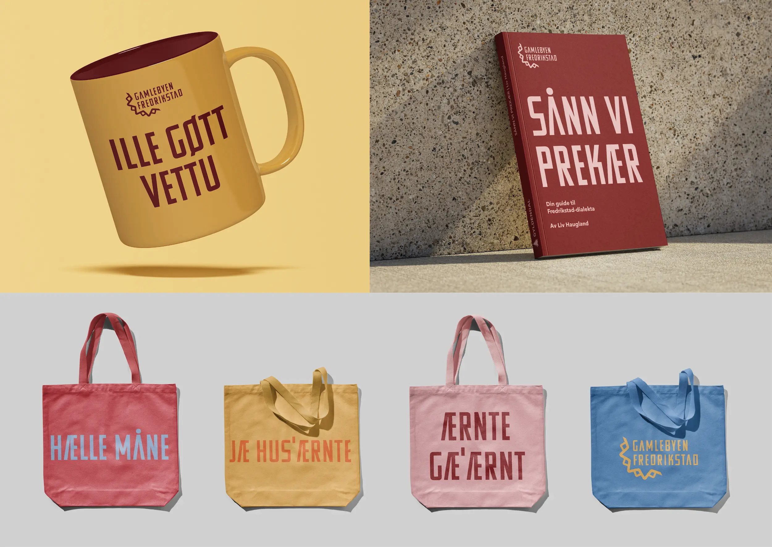 Salgsvarer med Gamlebyens visuelle identitet – totebag, kopp og pocket-bok