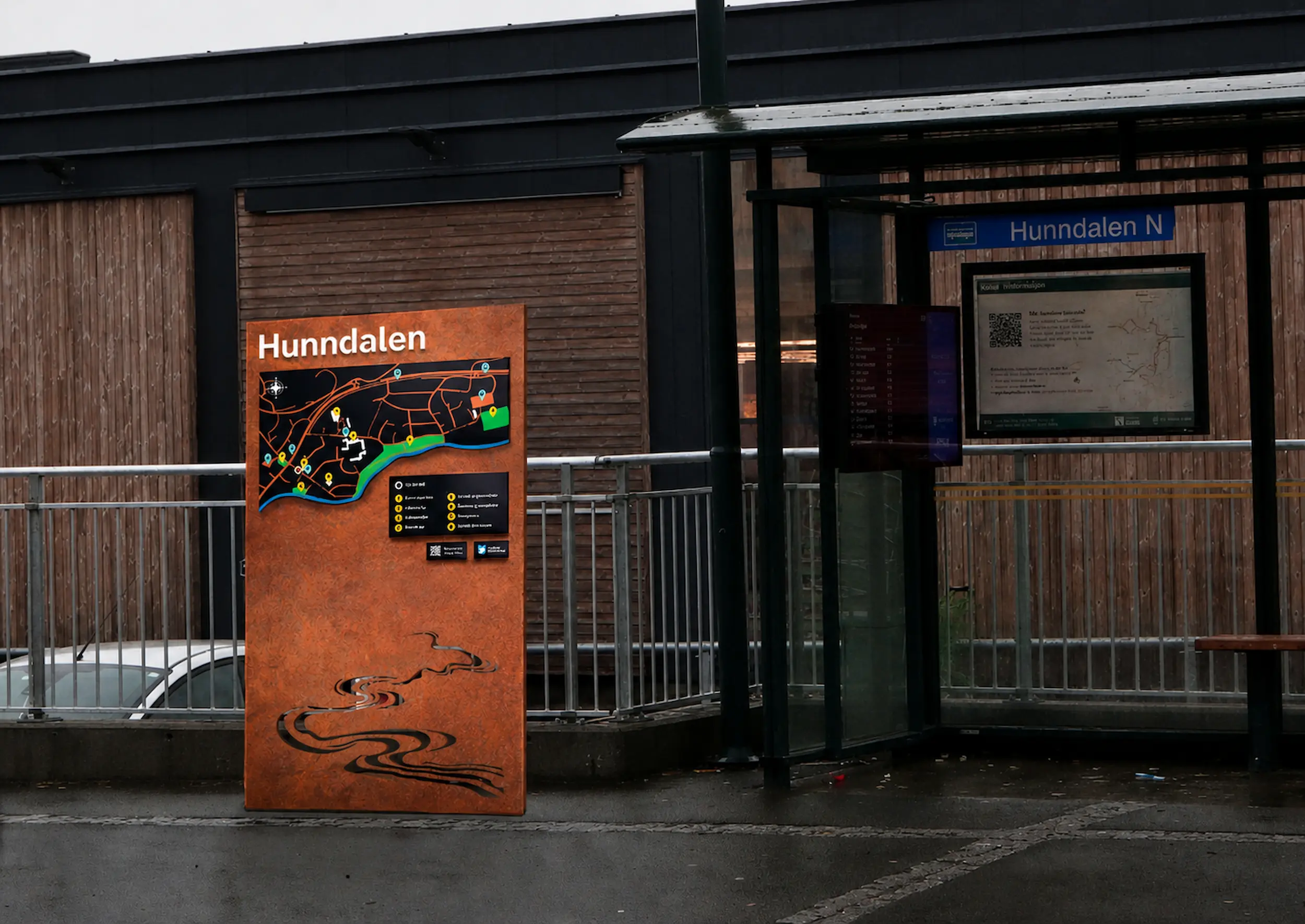 Veifinningsskilt i corten stål for Hunndalen i Gjøvik