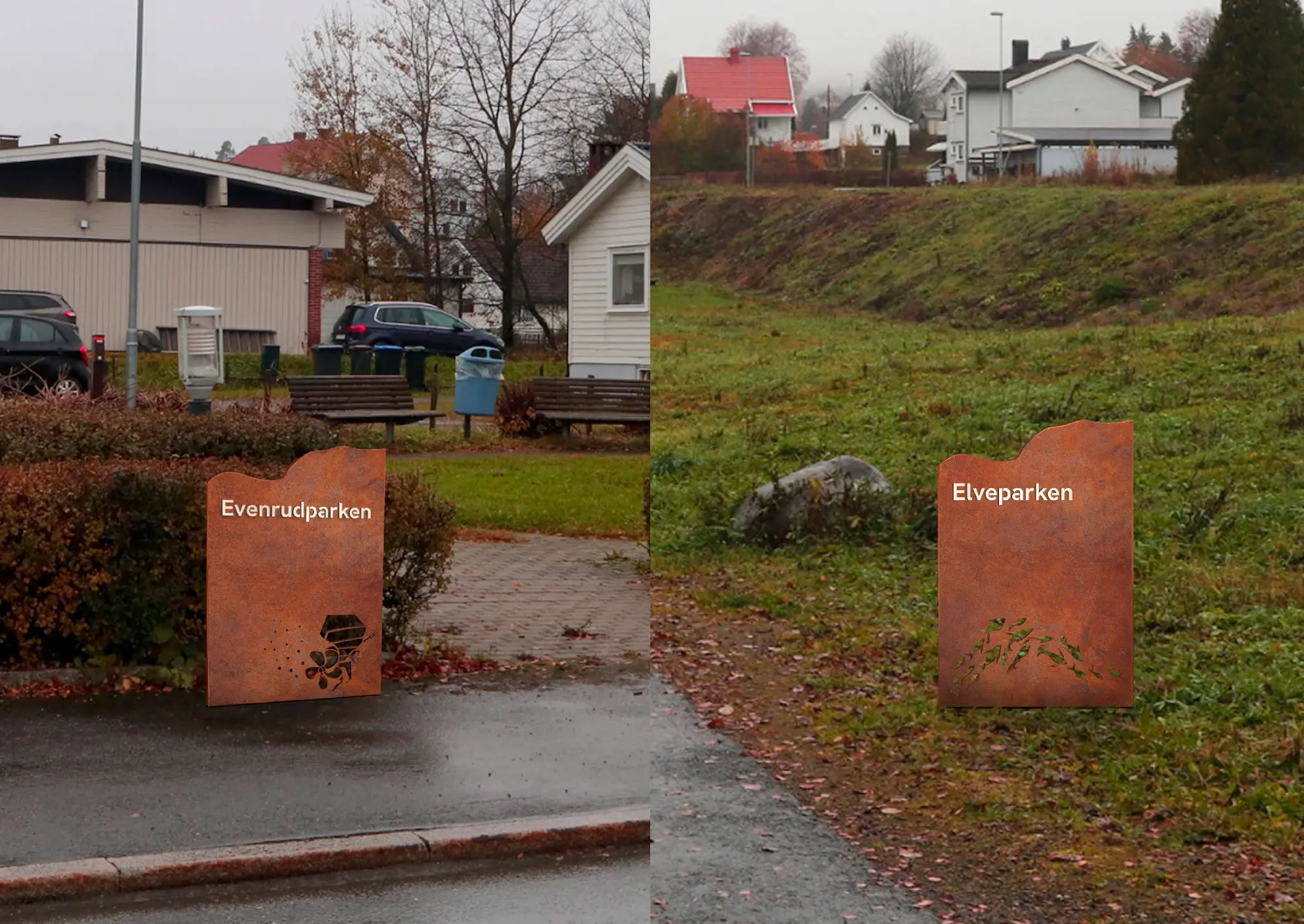 Stedsskilt med utskjært illustrasjon